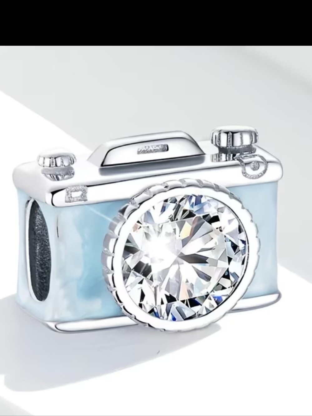Silver Camera Charm with Light Blue Enamel & Clear Crystal
